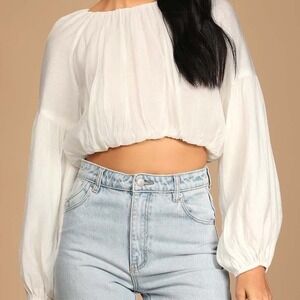 Lulus‎ Womens White Crop Top Blouse Long Balloon Sleeves Elastic Waist M